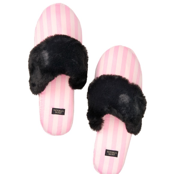 VICTORIA'S SECRET Pink Striped Fur Satin Slippers - Picture 1 of 4